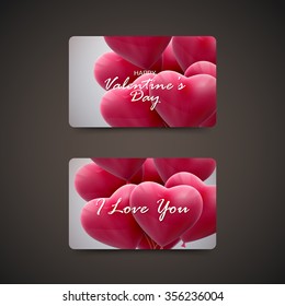 Gift cards with flying bunch of balloon hearts. Happy Valentines Day. Vector holiday illustration 