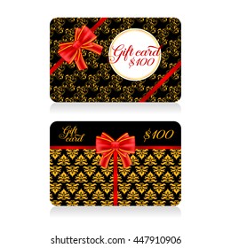 Gift cards with golden decor pattern and bow. Vector illustration for your design