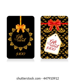 Gift cards with golden decor pattern and bow. Vector illustration for your design
