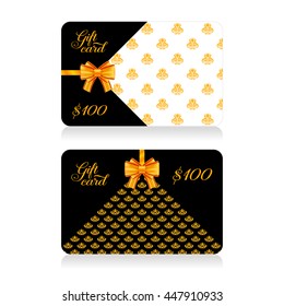 Gift cards with golden decor pattern and bow. Vector illustration for your design