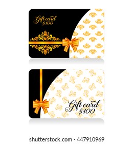 Gift cards with golden decor pattern and bow. Vector illustration for your design