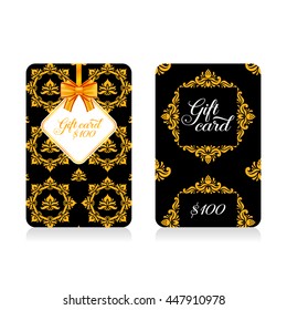 Gift cards with golden decor pattern and bow. Vector illustration for your design