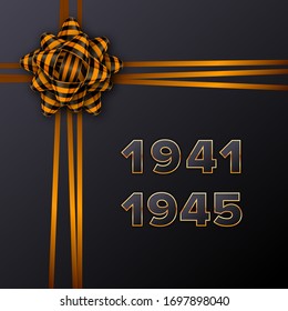 Gift cards golden numbers 1941-1945 with a black and orange tied bow. 9 May - Victory day template design. Graphic elements with St George's ribbon. Vector illustration.