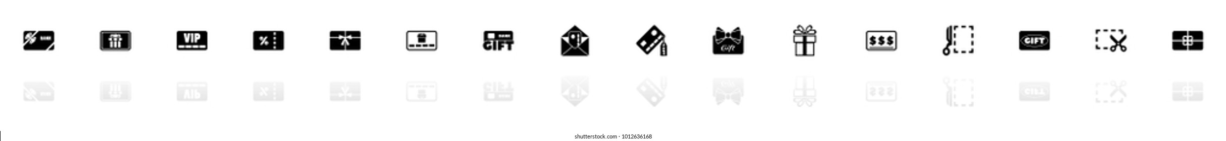 Gift Cards icons - Black horizontal Illustration symbol on White Background with a mirror Shadow reflection. Flat Vector Icon.