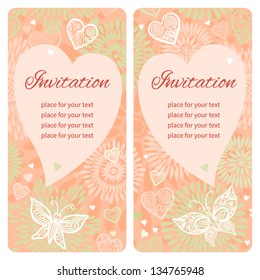 Gift cards and invitations with hearts, flowers, butterflies and a place for text. Template frame design for card.