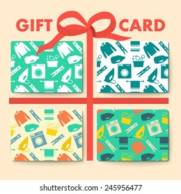 Gift cards with laundry and washing seamless pattern and gift bows. Vector illustration.