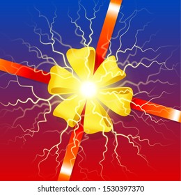 Gift cards and luxury wide gift wrap with red ribbon, tape and golden bow and space for text. Packing box ribbon present for party or Christmas, birthday, postcard with best wishes wrapping template