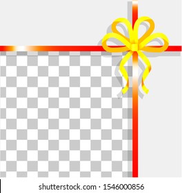 Gift cards and luxury wide gift wrap with red ribbon, tape and golden bow and space for text. Packing box ribbon present for party or Christmas, birthday, postcard with best wishes wrapping template