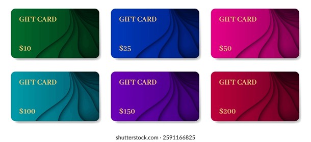 Gift cards mockups with shadows. Background template with abstract pattern. Voucher or coupon	
