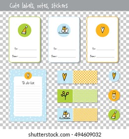 Gift cards. Note paper, Notes, to do list. Organizer planner marks. Stickers. Hand drawn elements. New year, Christmas theme.