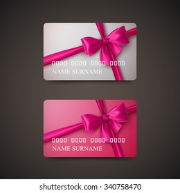 Gift Cards With Pink Bow And Ribbon. Vector Illustration. Gift Or Credit Card Design Template