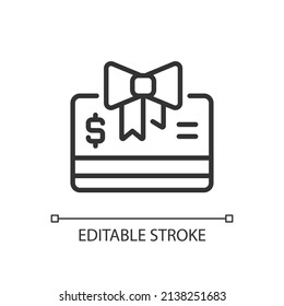 Gift cards pixel perfect linear icon. Seasonal gift voucher. Exclusive deal. Marketing strategy. Thin line illustration. Contour symbol. Vector outline drawing. Editable stroke. Arial font used