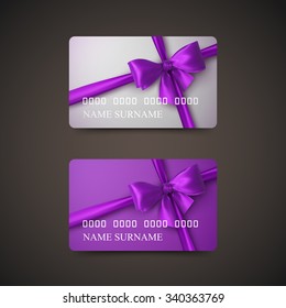 Gift Cards With Purple Bow And Ribbon. Vector Illustration. Gift Or Credit Card Design Template