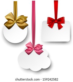 Gift cards with ribbons and satin bows. Vector illustration. 