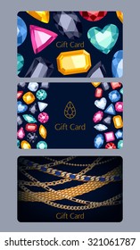 Gift cards set. Gemstones and golden chains background.