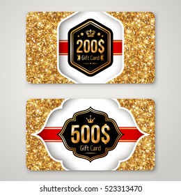 Gift Cards Set with Gold Foil Texture and Black Frames. Holiday Invitation Decorative Template, Voucher Design. Glowing New Year or Christmas Backdrop. Certificate for Shopping