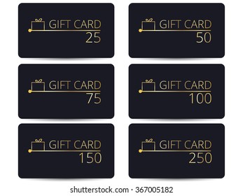 Gift cards set. Gold letters on a black. Stylish gift card for VIP clients. Gold gift box. Minimalism.