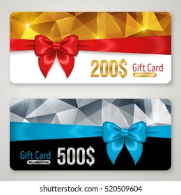 Gift Cards Set with Silver and Gold Polygonal Texture and Bow Ribbons. Holiday Invitation Decorative Template, Voucher Design. Glowing New Year or Christmas Backdrop. Certificate for Shopping