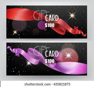 Gift cards with silk curled ribbons and confetti. Vector illustration