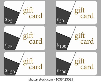 Gift cards in the style of material design with shadows. Layers of cut paper. The cards cost in 25, 50, 75 100, 150, 200. Vector illustration
