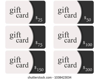 Gift cards in the style of material design with shadows. Layers of cut paper. The cards cost in 25, 50, 75 100, 150, 200. Vector illustration
