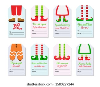 Gift cards, tags and badges with Christmas characters feet and text. Santa, elves, ginger. Vector illustration