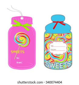 Gift cards, tags in the shape of jar with rainbow striped lollipop isolated on white background