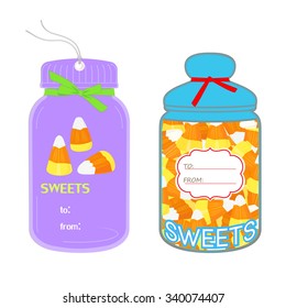 Gift cards, tags in the shape of jar with candy corn isolated on white background