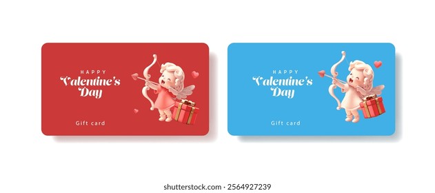 Gift cards for Valentine's Day. 3D character of cheerful playful cupid shooting a bow on a background of hearts and gift box. For discount concepts, greeting sales. Vector illustration.