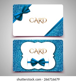 Gift Cards Vector Card Template, Club Member Card, Blue Bow And Glitter