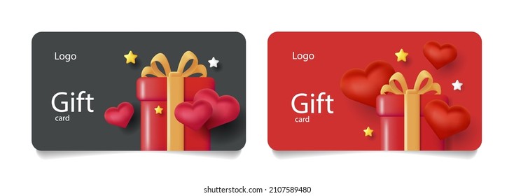 Gift cards or voucher template for Valentines Day with 3d gift box and red hearts around it