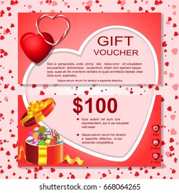 Gift Card,Voucher template with heart pattern,border,bow,ribbons.Design gift coupon,voucher,invitation,certificate diploma, ticket.Christmas,New Year,Valentines day,birthday discount card.Vector
