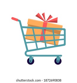 Regalo en el carro. Embalaje amarillo con cinta roja y arco. Trole con compras de Año Nuevo. Diseño plano de ilustración vectorial. Aislado sobre fondo blanco.