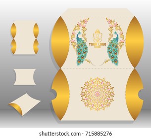 Gift carton Box for design with old Peacock feathers patterned and crystals on paper color.