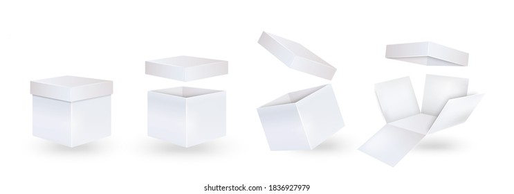 Gift carton mockup. White box in closed, open, inverted and unpacked form.