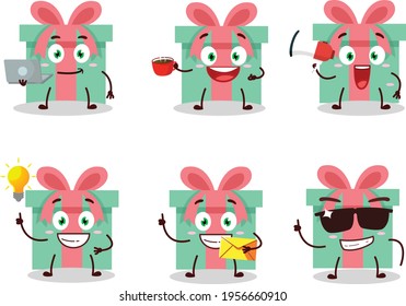 Gift cartoon character with various types of business emoticons