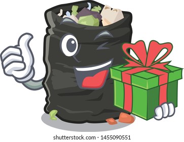 With gift cartoon garbage bag next to table