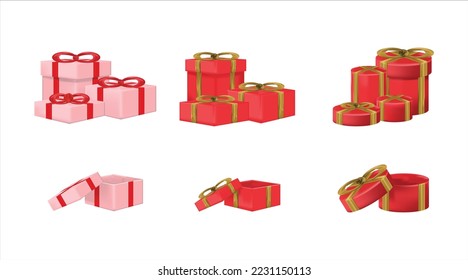 Estuche de regalo. Ilustración 3D.
patrón de cubo y círculo. cintas doradas y rojas.
