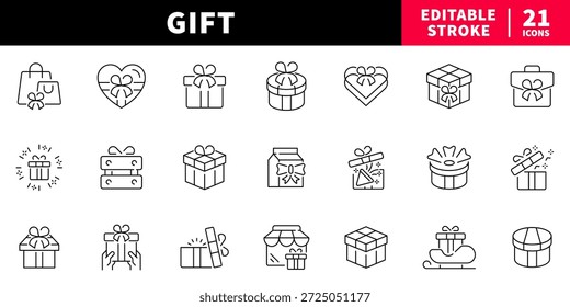 Gift and celebration editable line icons set. present and package symbols