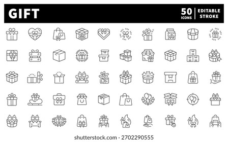 Conjunto de iconos de regalo y celebración. iconos de línea editables, contorno, símbolos de presente
