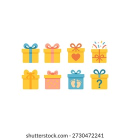 Gift and celebration icons set – flat, filled, festive and present symbols