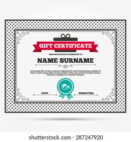 Gift certificate. Airplane sign icon. Travel trip round the world symbol. Template with vintage patterns. Vector