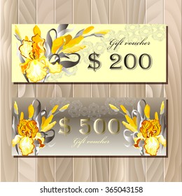 Gift certificate, big sale, discount card, voucher or coupon template with yellow iris flowers. Golden background mock for banner or ticket. Golden, orange, yellow and silver vector illustration.