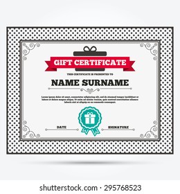 Gift certificate. Gift box sign icon. Present with ribbons symbol. Template with vintage patterns. Vector