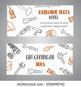 Gift certificate for building tools store Home improvement construction tool hand drawn banners. Bussiness template, sale, voucher, advert, header