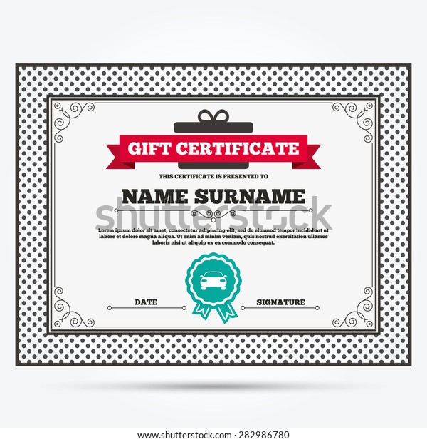 Gift certificate. Car sign\
icon. Delivery transport symbol. Template with vintage patterns.\
Vector