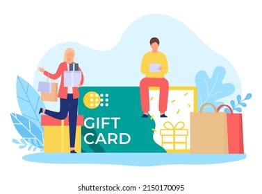 Gift certificate card, people present to birthday. Gift certificate and present car to discount, coupon or voucher for sale, vector illustration