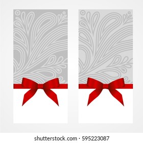 Gift certificate, Gift Card With Red Ribbon And A Bow on Grey Flourish Decorative Elements  background.  Gift Voucher Template.  Vector image.