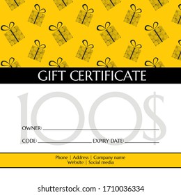 Gift certificate - card template. Design with gifts/hearts pattern in black/white/yellow colors for 100$.   Vector.