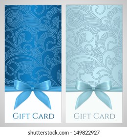 Gift certificate, gift card, Voucher, Coupon template with floral (scroll, swirl) pattern, bow (ribbons, present). Background design for invitation, ticket, banner. Vector